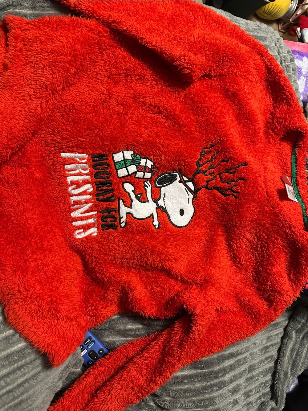 Red Snoopy 'Hooray for Presents' Holiday Fuzzy Pullover